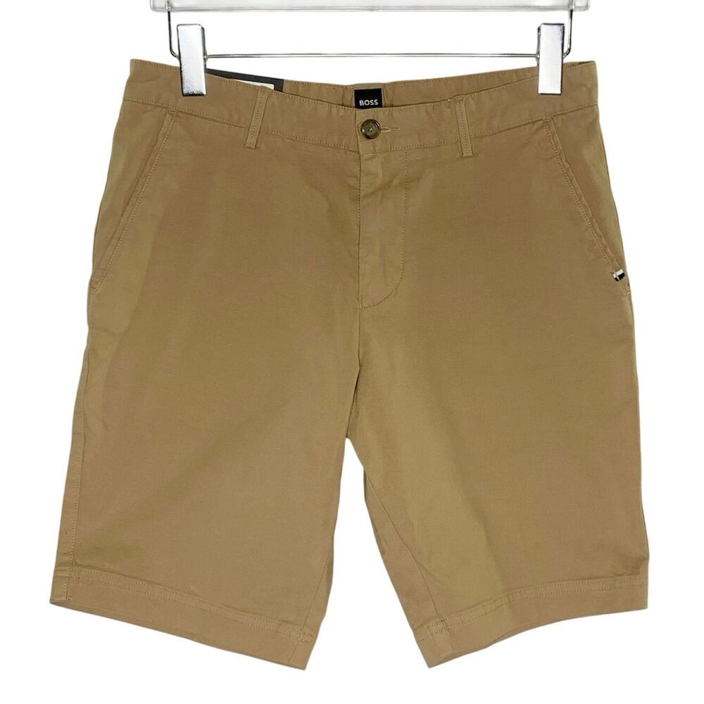 Hugo Boss Slice Shorts Chino Slim Fit 30 NEW Khaki Flat Front 10" Inseam